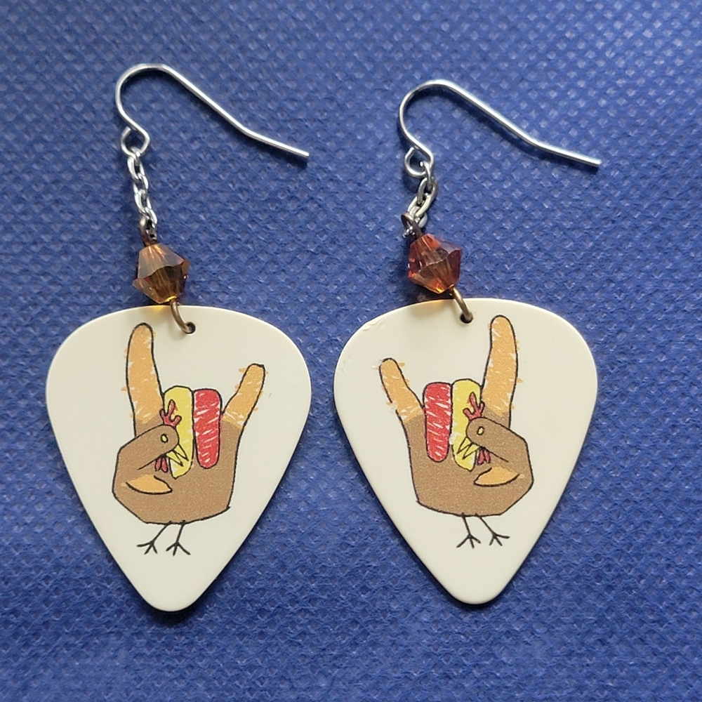 Guitar Pick Have A Rockin Thanksgiving Turkey Earrings Artistic Music Amber EUC